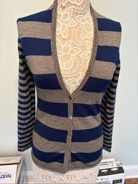 Banana Republic Navy and Gray Women's Button Cardigan Sweater Extra Fine Merino